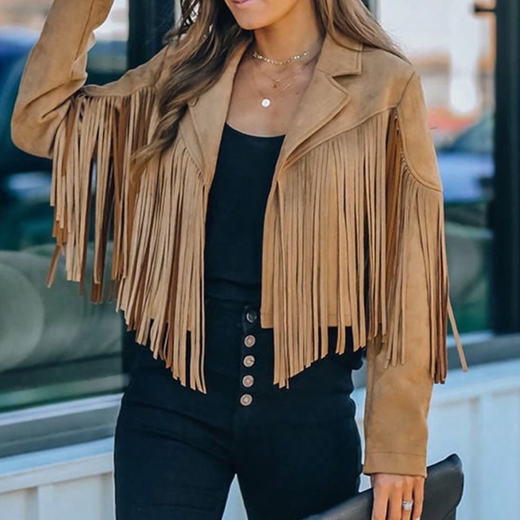Western Tan Vegan Suede Fringe Jacket - Picture 1 of 5